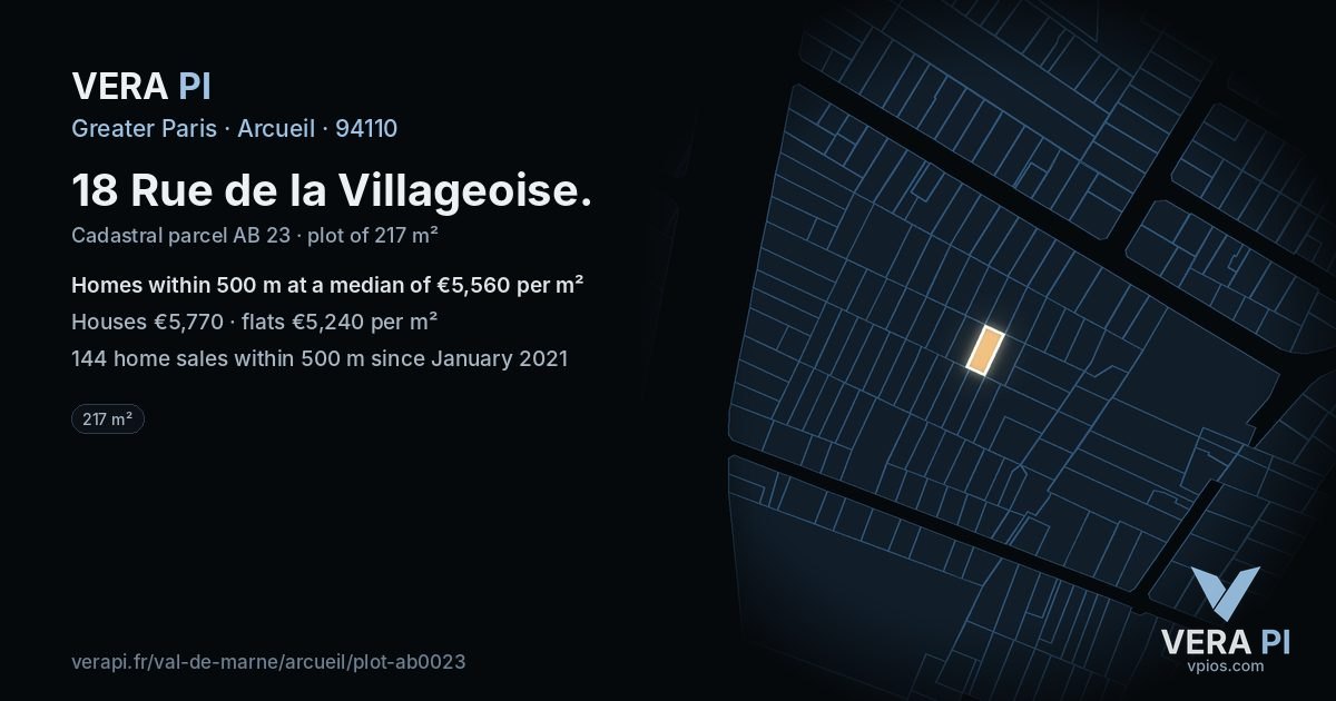 18 Rue de la Villageoise, Arcueil at night – the plot lit, the parcels around coloured by the prices near them