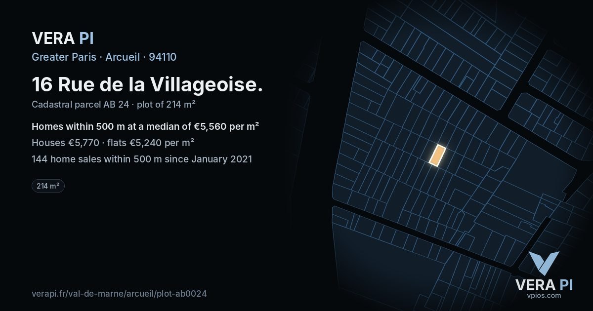 16 Rue de la Villageoise, Arcueil at night – the plot lit, the parcels around coloured by the prices near them