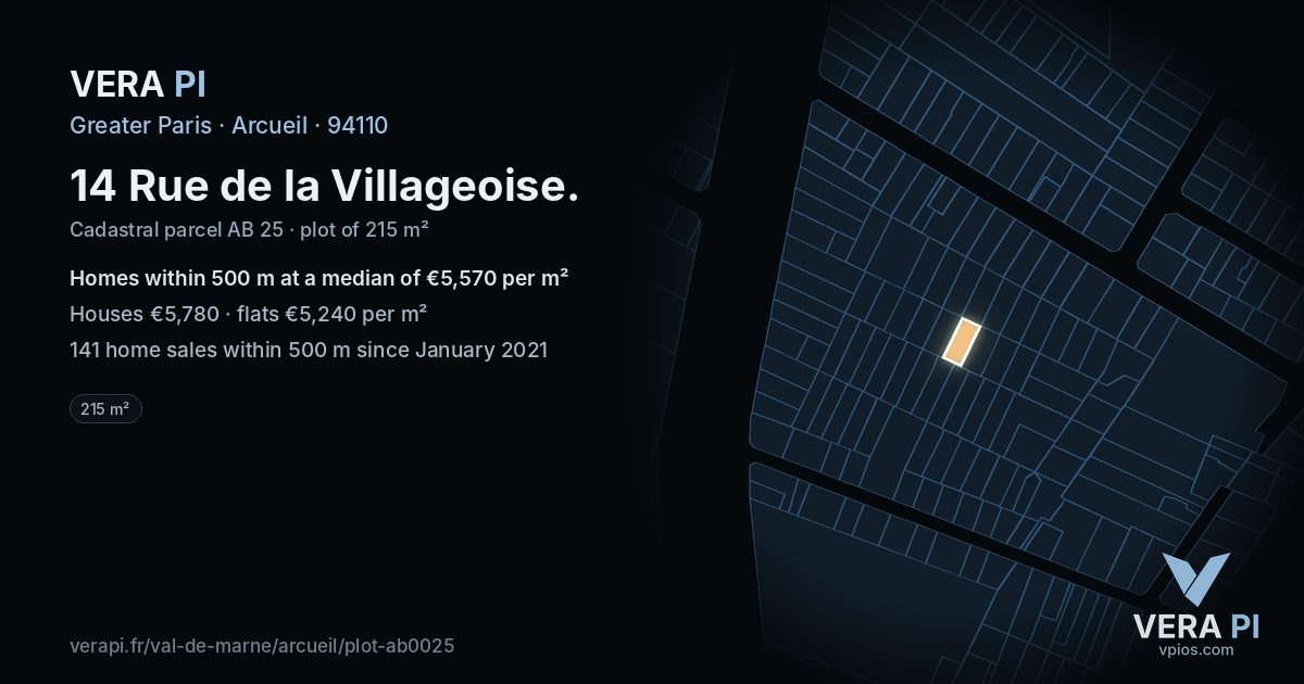 14 Rue de la Villageoise, Arcueil at night – the plot lit, the parcels around coloured by the prices near them