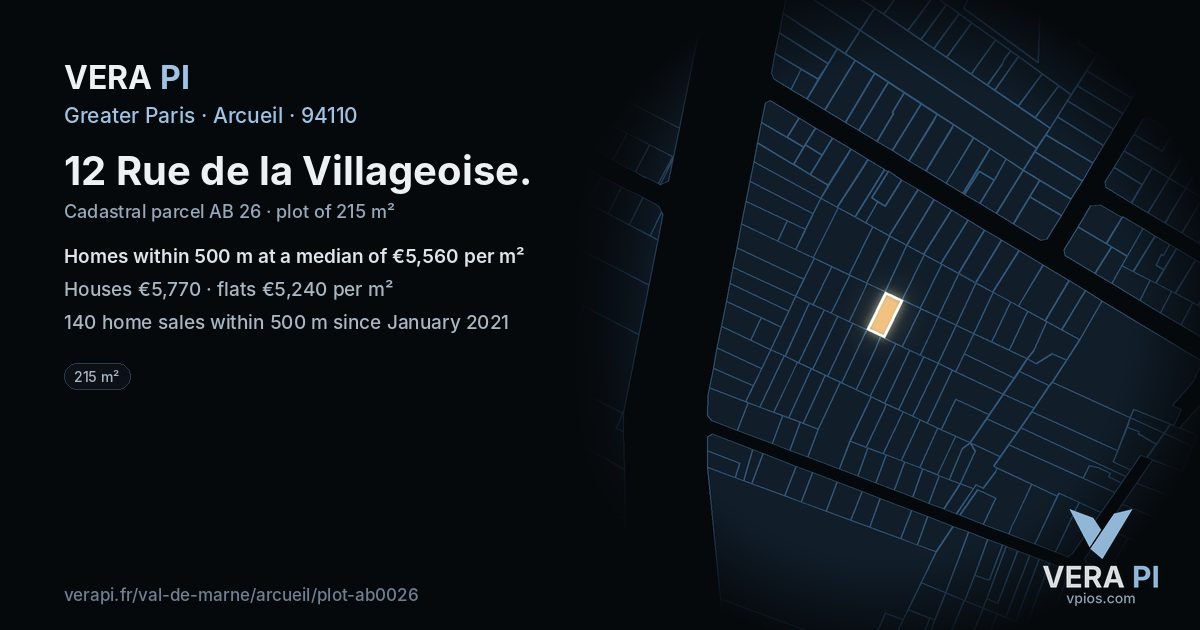 12 Rue de la Villageoise, Arcueil at night – the plot lit, the parcels around coloured by the prices near them