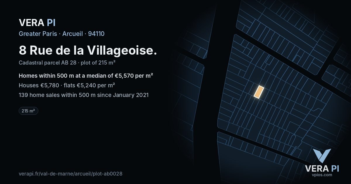 8 Rue de la Villageoise, Arcueil at night – the plot lit, the parcels around coloured by the prices near them