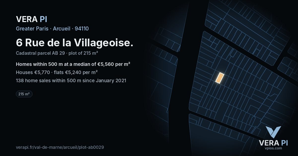 6 Rue de la Villageoise, Arcueil at night – the plot lit, the parcels around coloured by the prices near them