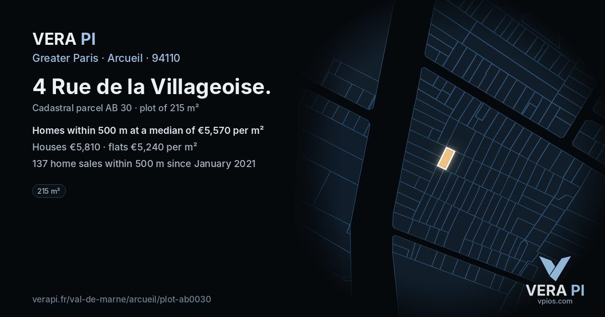 4 Rue de la Villageoise, Arcueil at night – the plot lit, the parcels around coloured by the prices near them