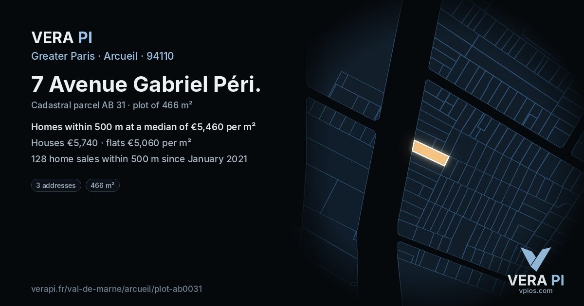 7 Avenue Gabriel Péri, Arcueil at night – the plot lit, the parcels around coloured by the prices near them