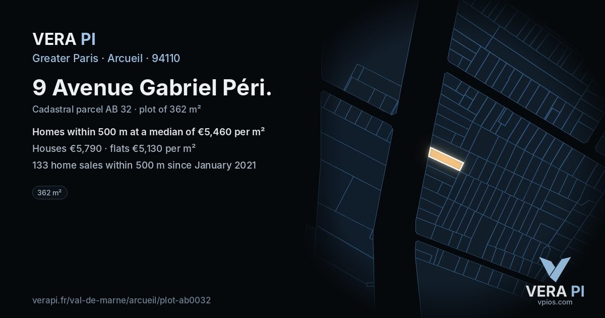 9 Avenue Gabriel Péri, Arcueil at night – the plot lit, the parcels around coloured by the prices near them