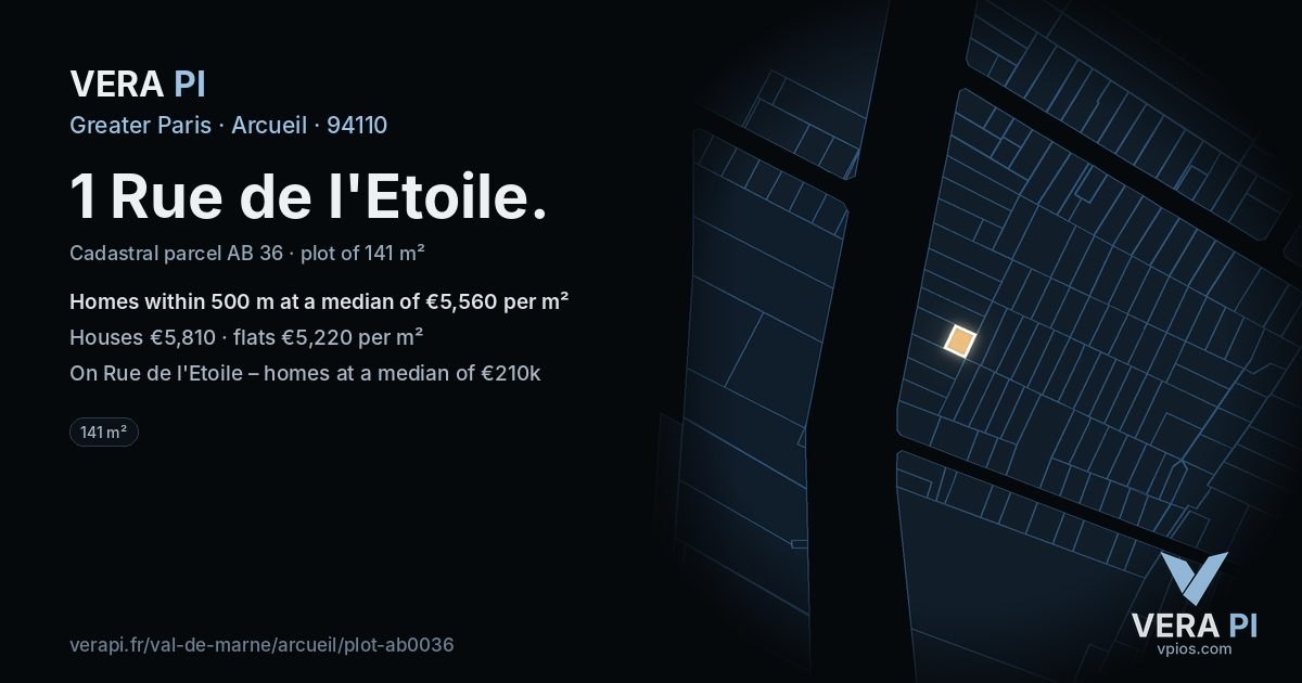 1 Rue de l'Etoile, Arcueil at night – the plot lit, the parcels around coloured by the prices near them