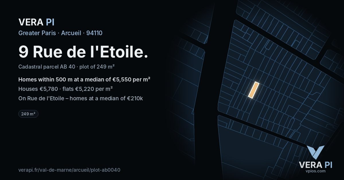 9 Rue de l'Etoile, Arcueil at night – the plot lit, the parcels around coloured by the prices near them