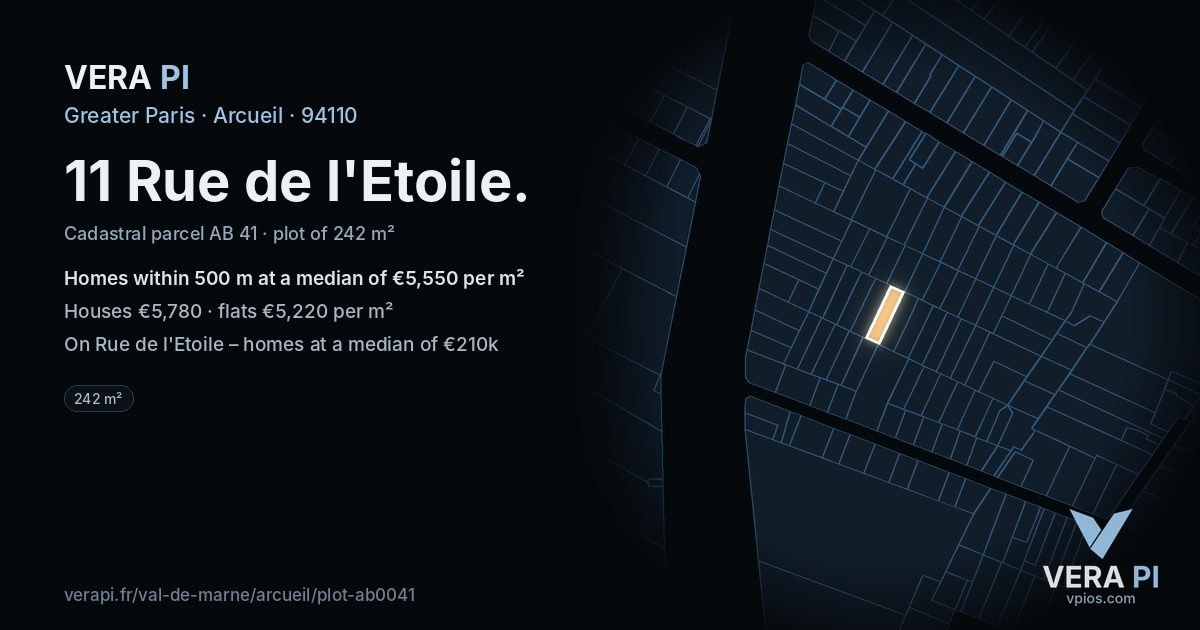 11 Rue de l'Etoile, Arcueil at night – the plot lit, the parcels around coloured by the prices near them