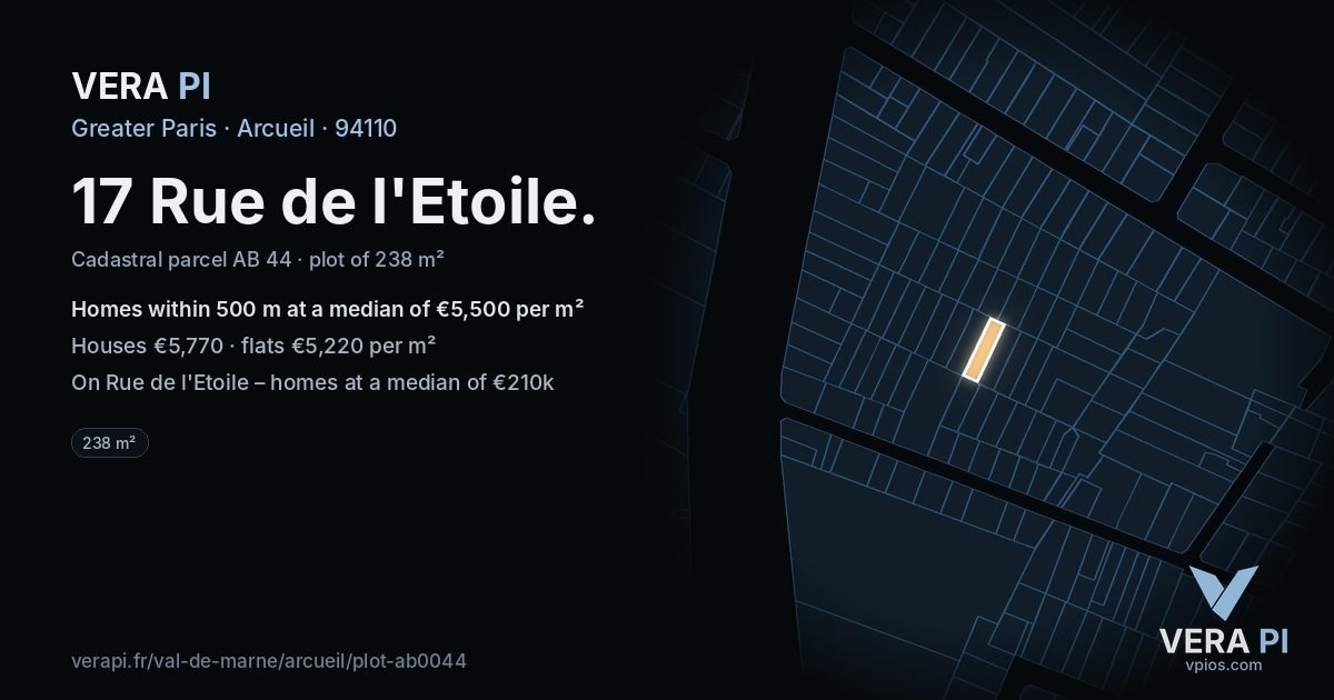 17 Rue de l'Etoile, Arcueil at night – the plot lit, the parcels around coloured by the prices near them