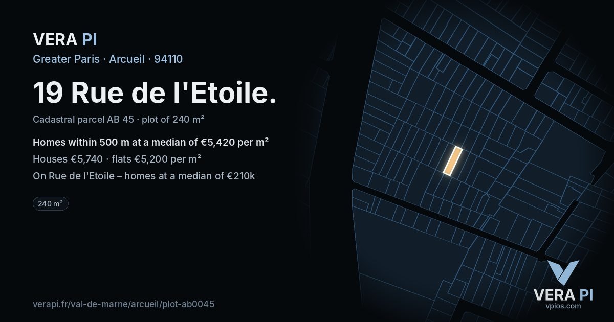 19 Rue de l'Etoile, Arcueil at night – the plot lit, the parcels around coloured by the prices near them