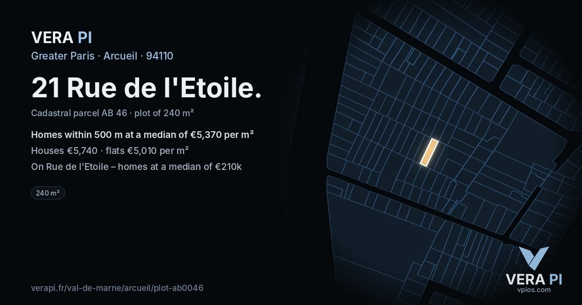 21 Rue de l'Etoile, Arcueil at night – the plot lit, the parcels around coloured by the prices near them