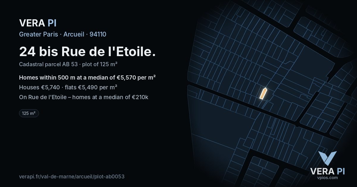 24 bis Rue de l'Etoile, Arcueil at night – the plot lit, the parcels around coloured by the prices near them