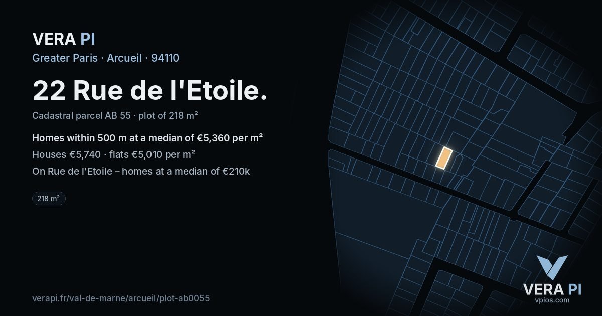 22 Rue de l'Etoile, Arcueil at night – the plot lit, the parcels around coloured by the prices near them