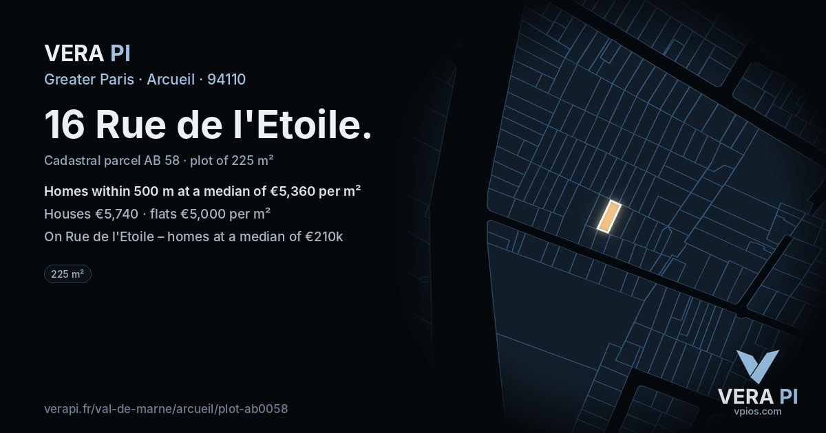 16 Rue de l'Etoile, Arcueil at night – the plot lit, the parcels around coloured by the prices near them