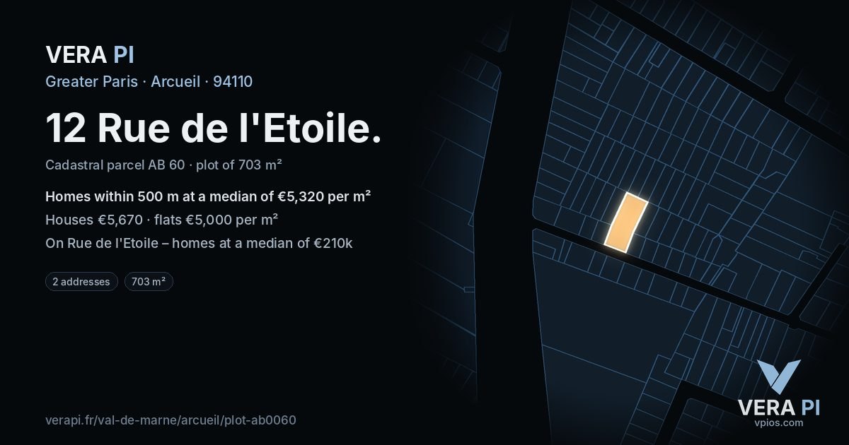 12 Rue de l'Etoile, Arcueil at night – the plot lit, the parcels around coloured by the prices near them