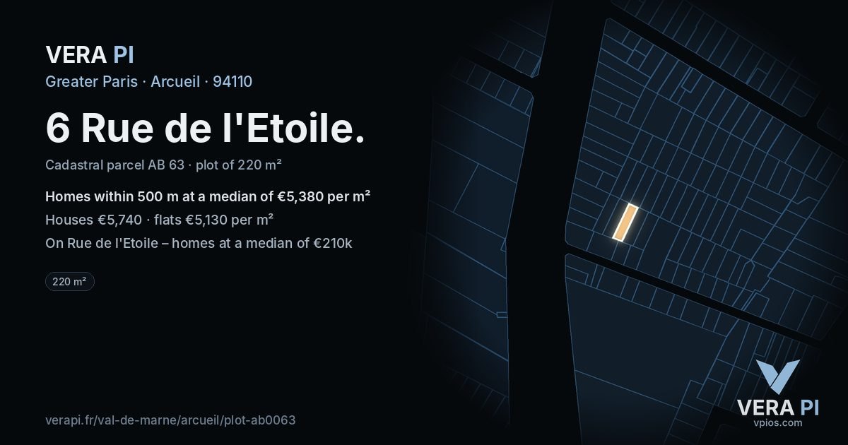 6 Rue de l'Etoile, Arcueil at night – the plot lit, the parcels around coloured by the prices near them