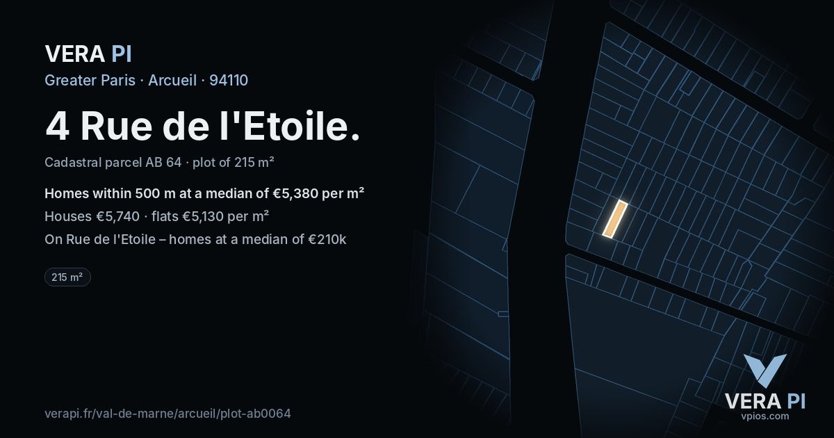 4 Rue de l'Etoile, Arcueil at night – the plot lit, the parcels around coloured by the prices near them