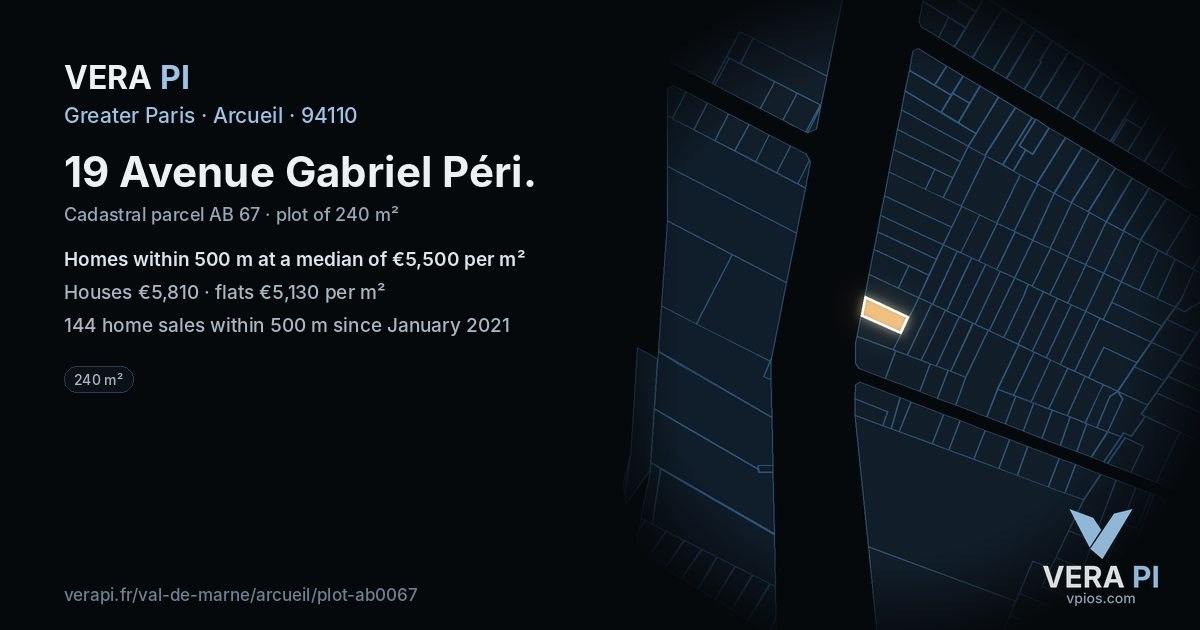 19 Avenue Gabriel Péri, Arcueil at night – the plot lit, the parcels around coloured by the prices near them