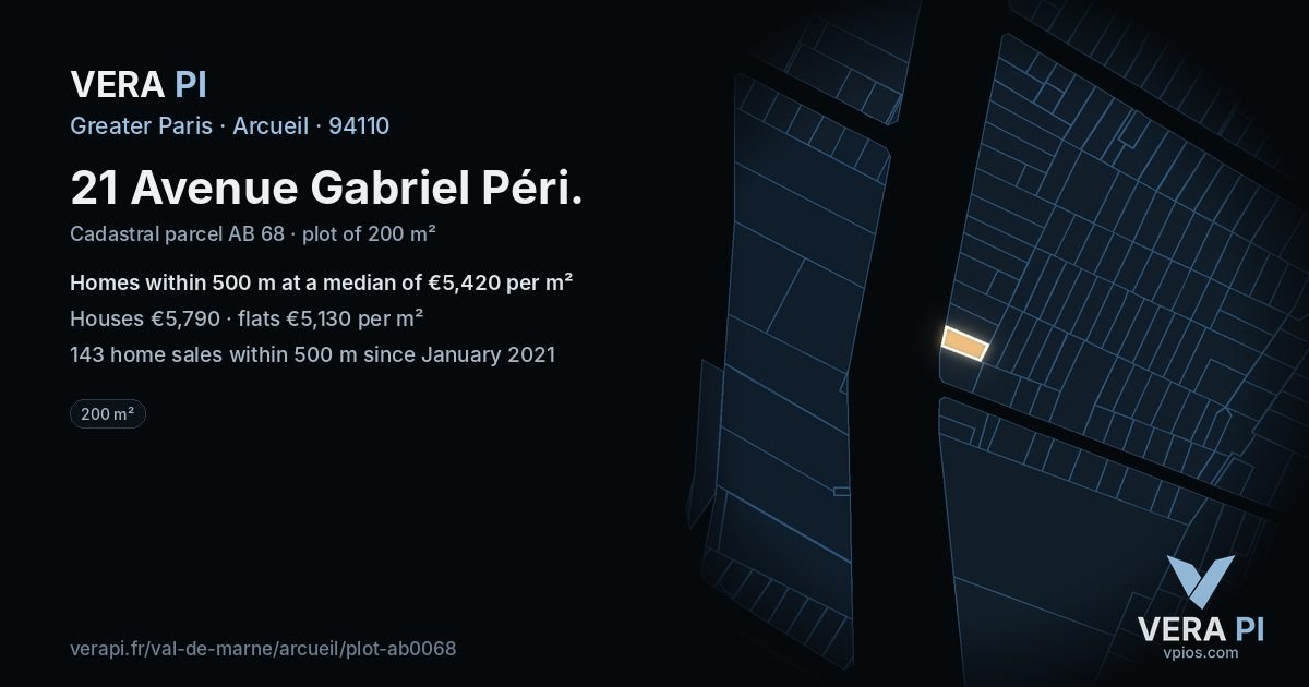 21 Avenue Gabriel Péri, Arcueil at night – the plot lit, the parcels around coloured by the prices near them