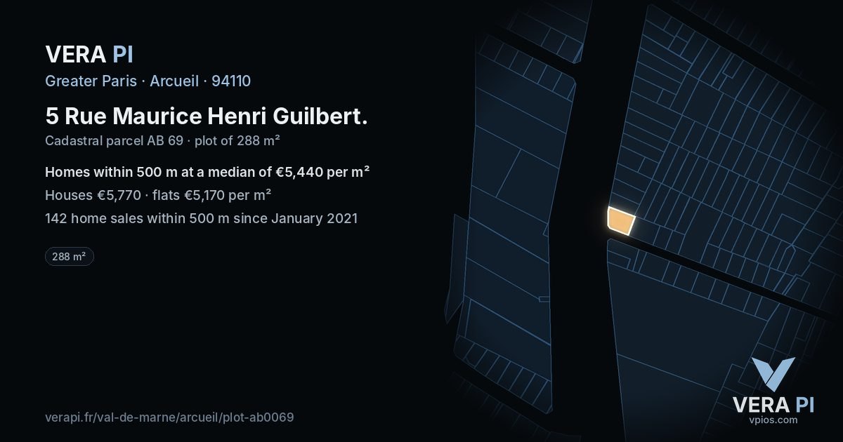 5 Rue Maurice Henri Guilbert, Arcueil at night – the plot lit, the parcels around coloured by the prices near them