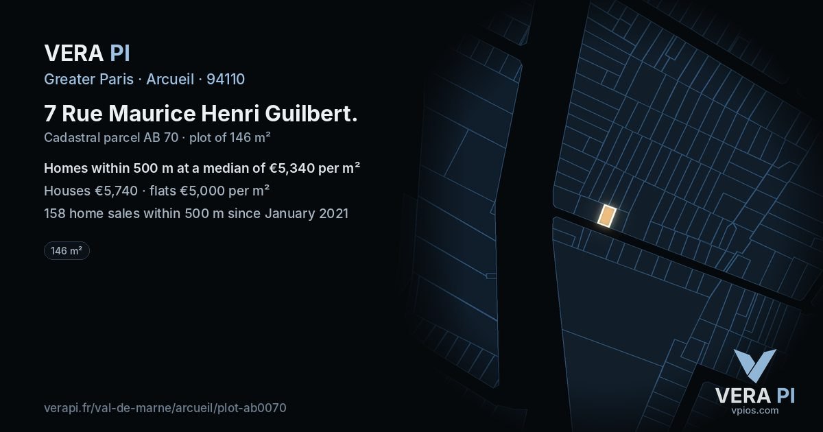 7 Rue Maurice Henri Guilbert, Arcueil at night – the plot lit, the parcels around coloured by the prices near them