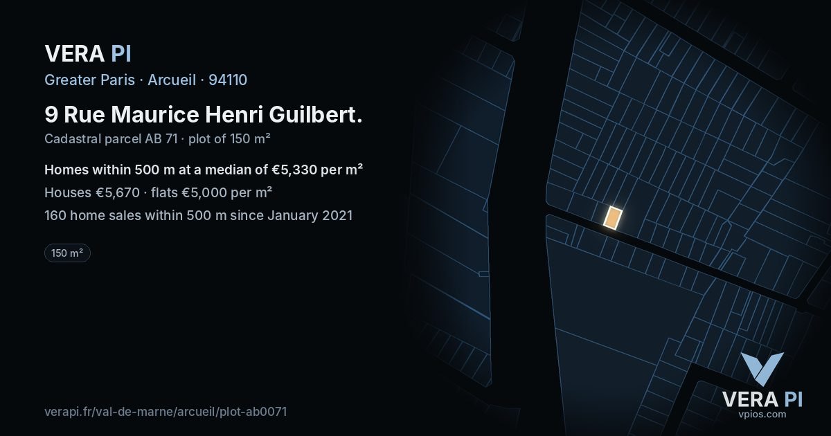 9 Rue Maurice Henri Guilbert, Arcueil at night – the plot lit, the parcels around coloured by the prices near them