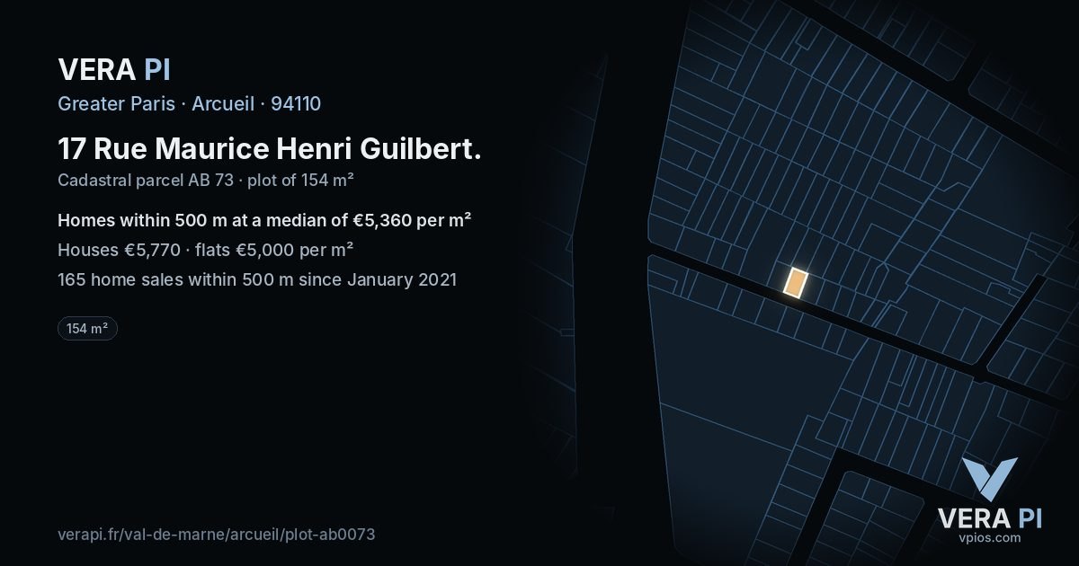 17 Rue Maurice Henri Guilbert, Arcueil at night – the plot lit, the parcels around coloured by the prices near them