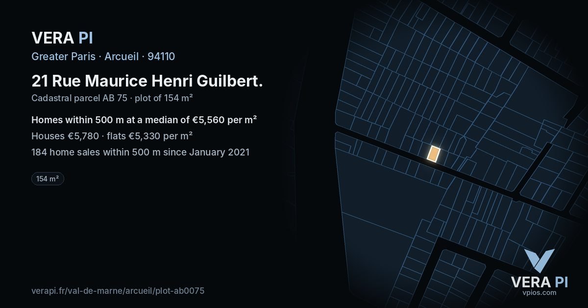 21 Rue Maurice Henri Guilbert, Arcueil at night – the plot lit, the parcels around coloured by the prices near them