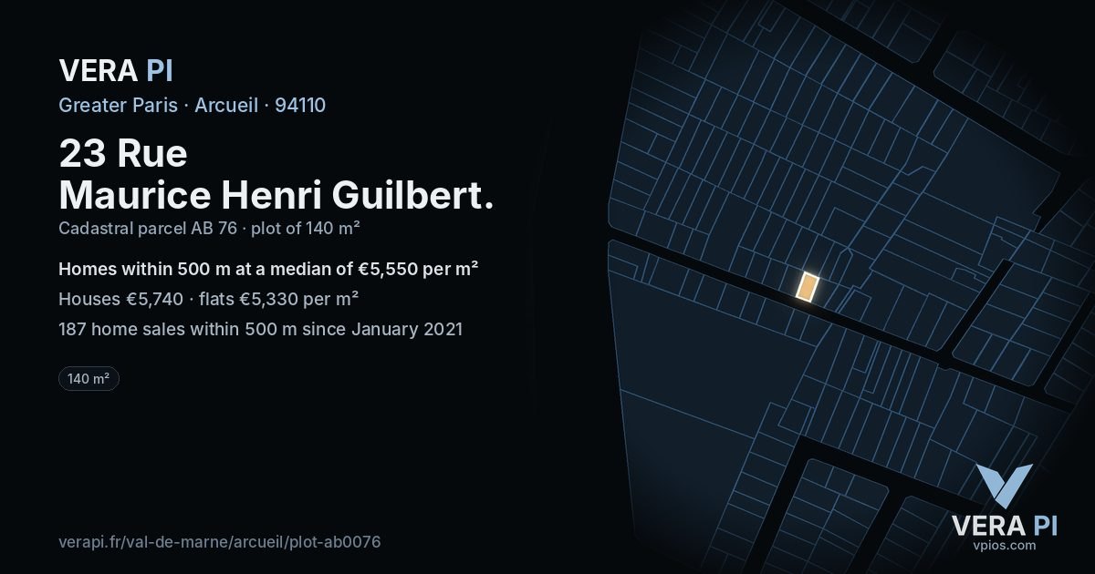 23 Rue Maurice Henri Guilbert, Arcueil at night – the plot lit, the parcels around coloured by the prices near them