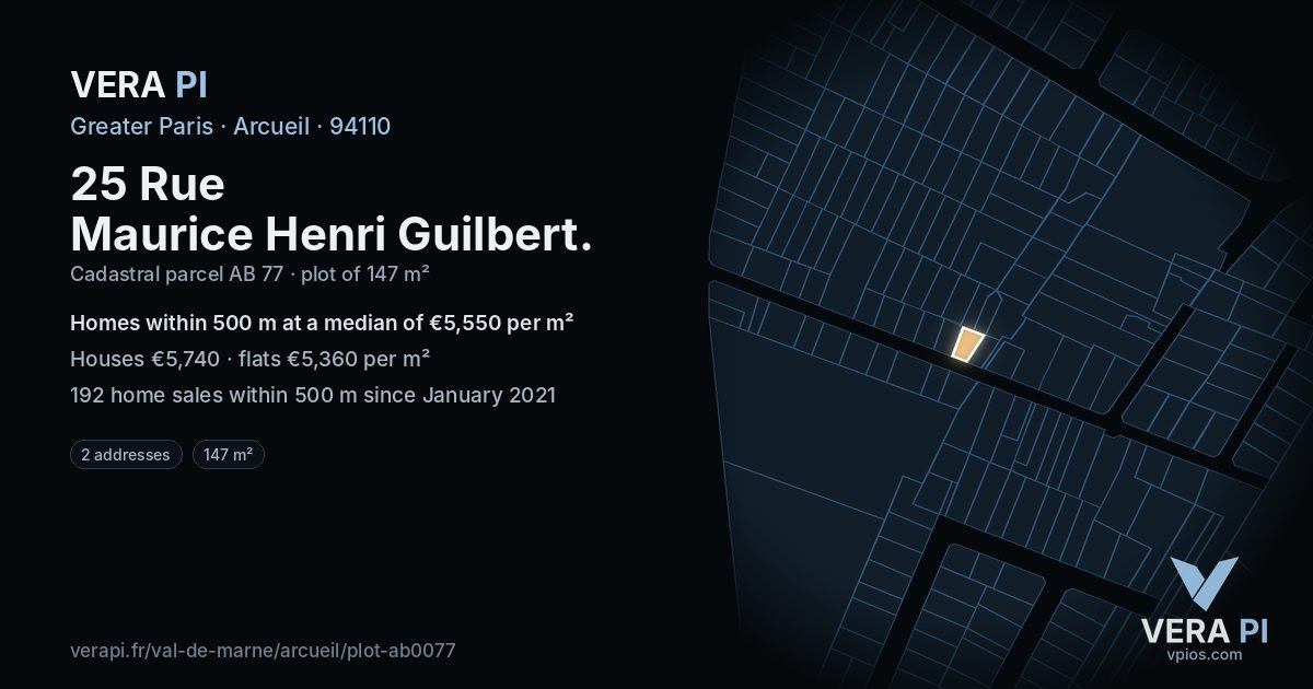 25 Rue Maurice Henri Guilbert, Arcueil at night – the plot lit, the parcels around coloured by the prices near them
