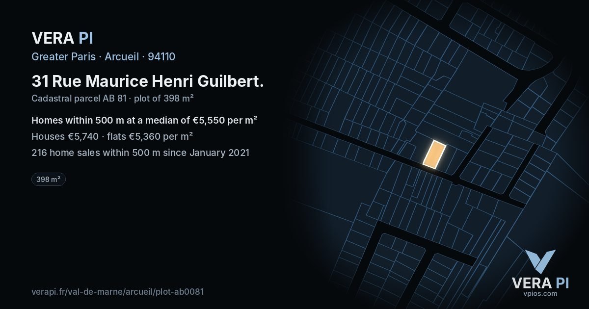 31 Rue Maurice Henri Guilbert, Arcueil at night – the plot lit, the parcels around coloured by the prices near them