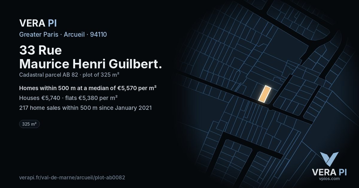 33 Rue Maurice Henri Guilbert, Arcueil at night – the plot lit, the parcels around coloured by the prices near them