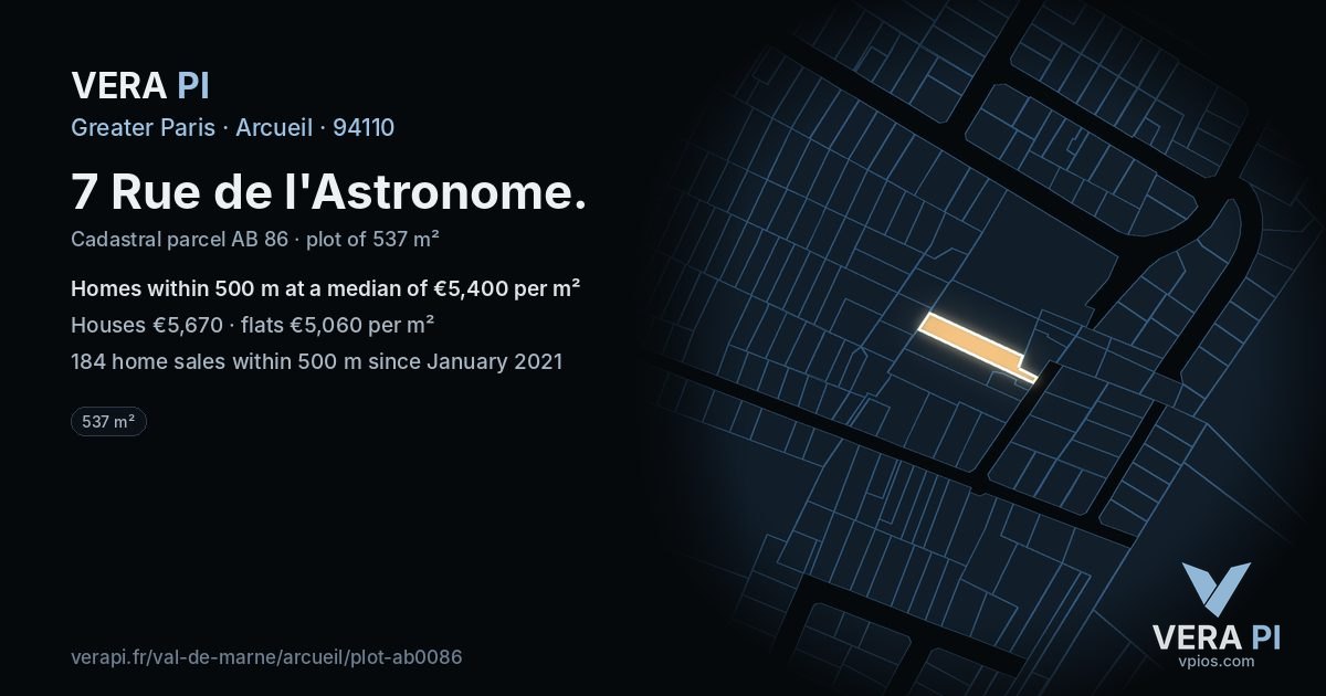 7 Rue de l'Astronome, Arcueil at night – the plot lit, the parcels around coloured by the prices near them