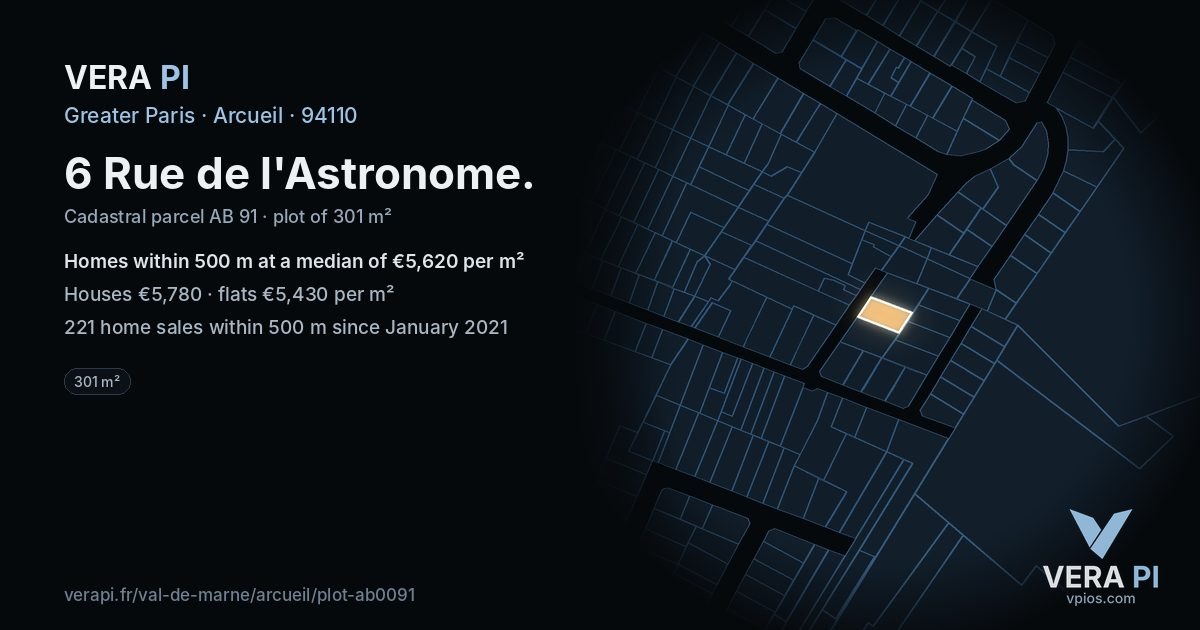 6 Rue de l'Astronome, Arcueil at night – the plot lit, the parcels around coloured by the prices near them