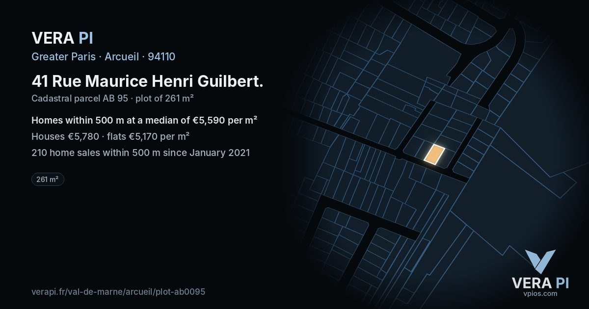 41 Rue Maurice Henri Guilbert, Arcueil at night – the plot lit, the parcels around coloured by the prices near them