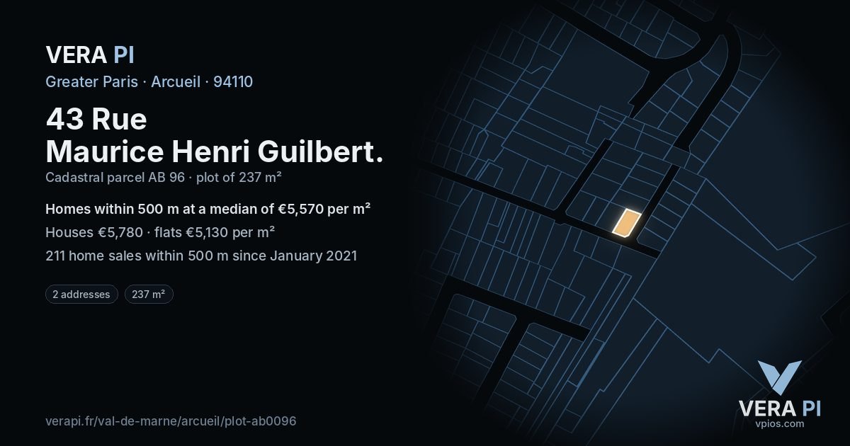 43 Rue Maurice Henri Guilbert, Arcueil at night – the plot lit, the parcels around coloured by the prices near them