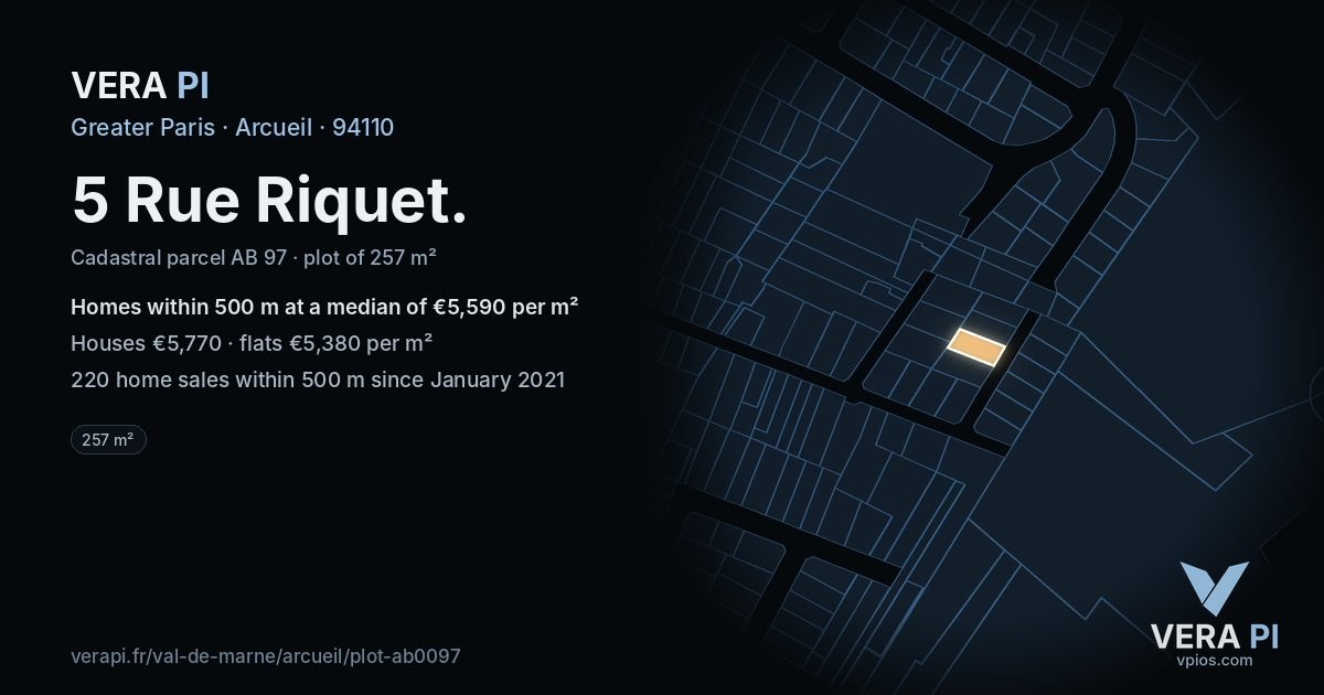 5 Rue Riquet, Arcueil at night – the plot lit, the parcels around coloured by the prices near them