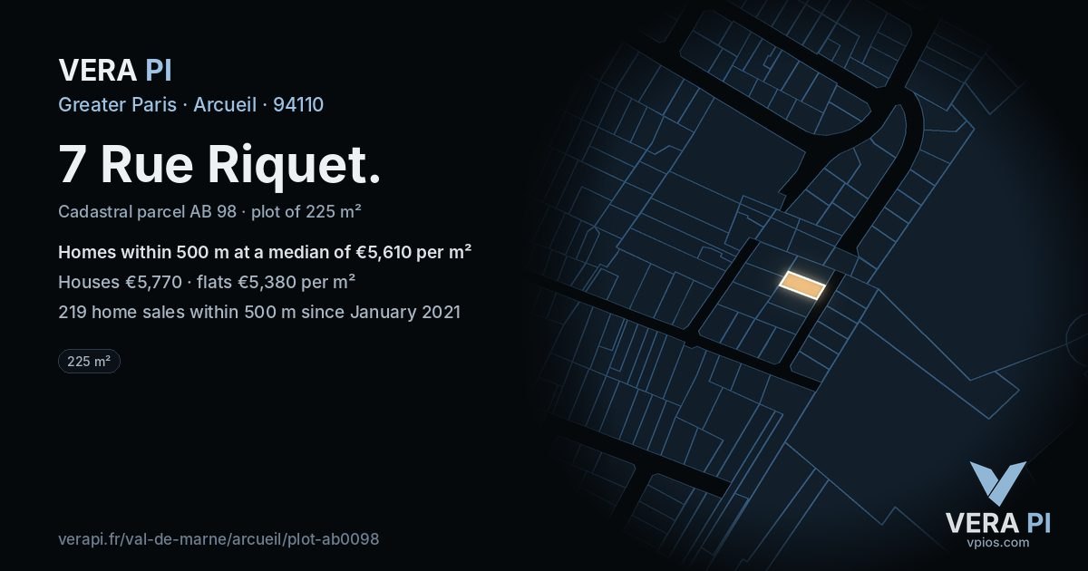 7 Rue Riquet, Arcueil at night – the plot lit, the parcels around coloured by the prices near them
