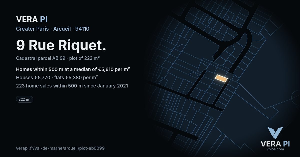 9 Rue Riquet, Arcueil at night – the plot lit, the parcels around coloured by the prices near them