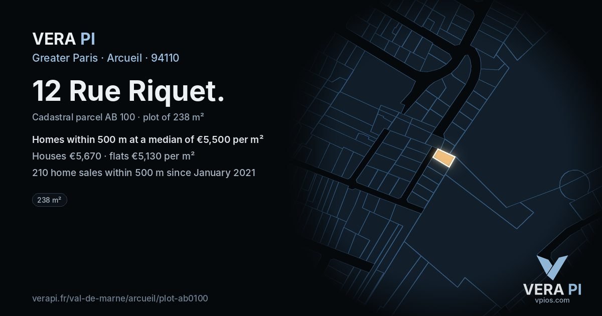 12 Rue Riquet, Arcueil at night – the plot lit, the parcels around coloured by the prices near them