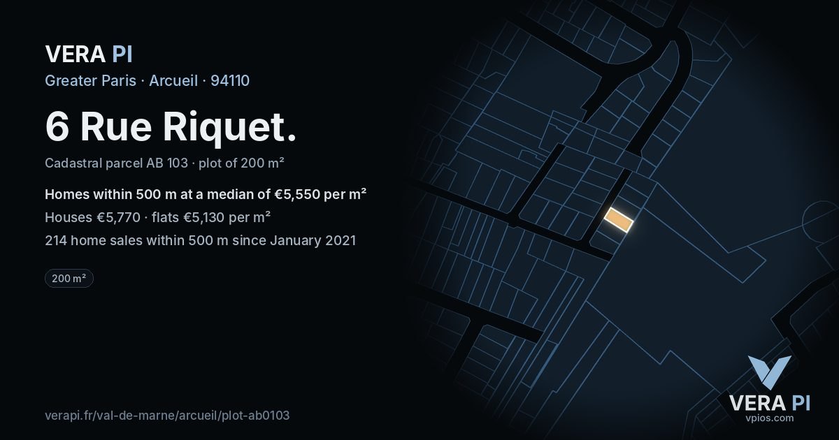 6 Rue Riquet, Arcueil at night – the plot lit, the parcels around coloured by the prices near them
