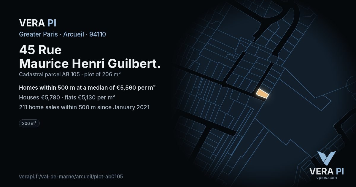 45 Rue Maurice Henri Guilbert, Arcueil at night – the plot lit, the parcels around coloured by the prices near them