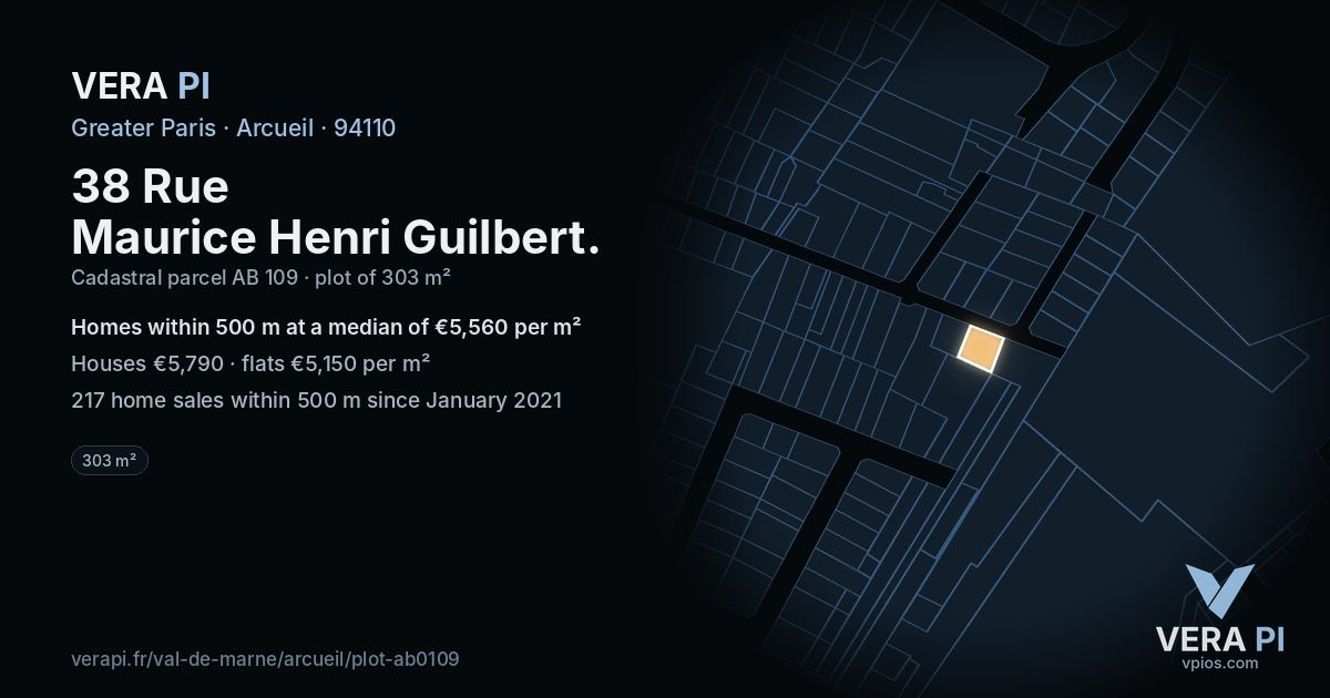 38 Rue Maurice Henri Guilbert, Arcueil at night – the plot lit, the parcels around coloured by the prices near them