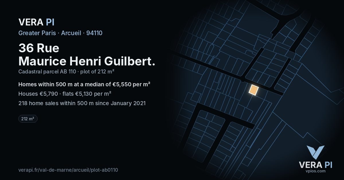 36 Rue Maurice Henri Guilbert, Arcueil at night – the plot lit, the parcels around coloured by the prices near them