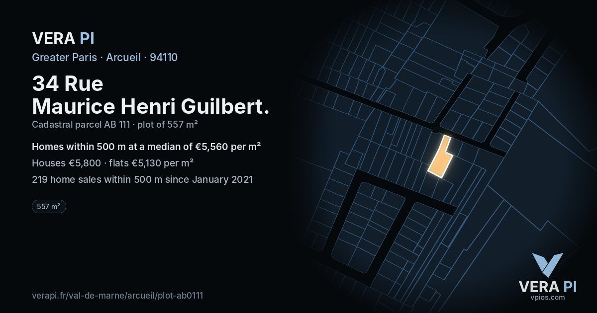34 Rue Maurice Henri Guilbert, Arcueil at night – the plot lit, the parcels around coloured by the prices near them
