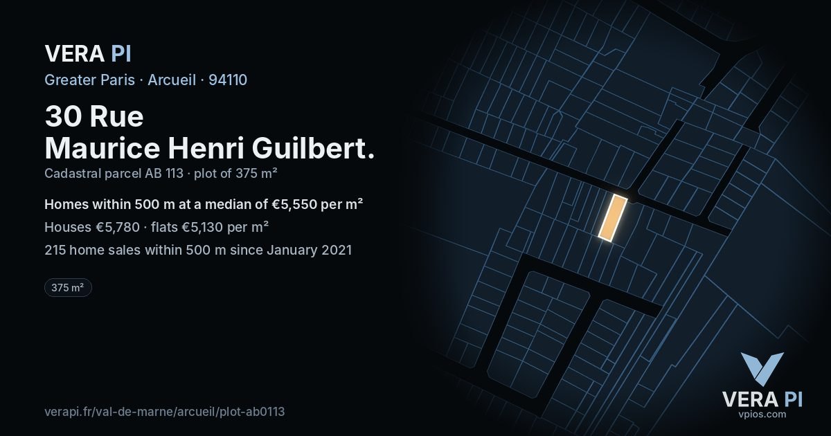 30 Rue Maurice Henri Guilbert, Arcueil at night – the plot lit, the parcels around coloured by the prices near them