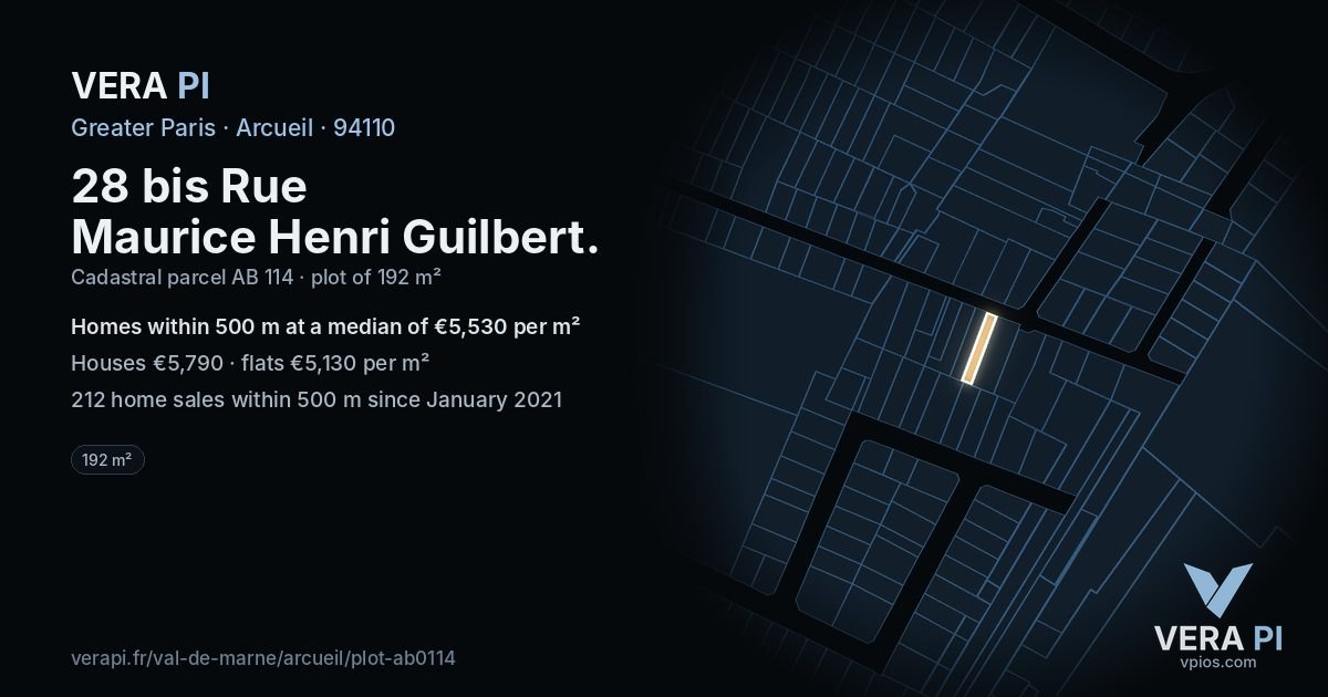 28 bis Rue Maurice Henri Guilbert, Arcueil at night – the plot lit, the parcels around coloured by the prices near them