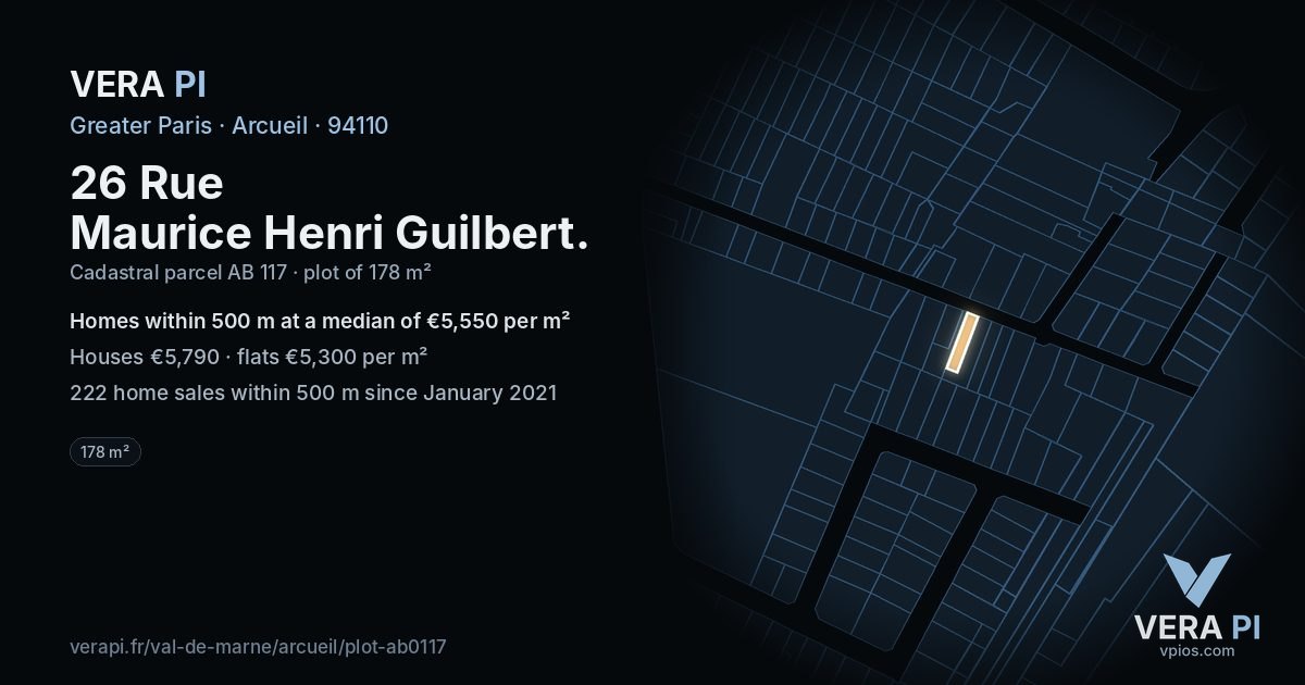 26 Rue Maurice Henri Guilbert, Arcueil at night – the plot lit, the parcels around coloured by the prices near them