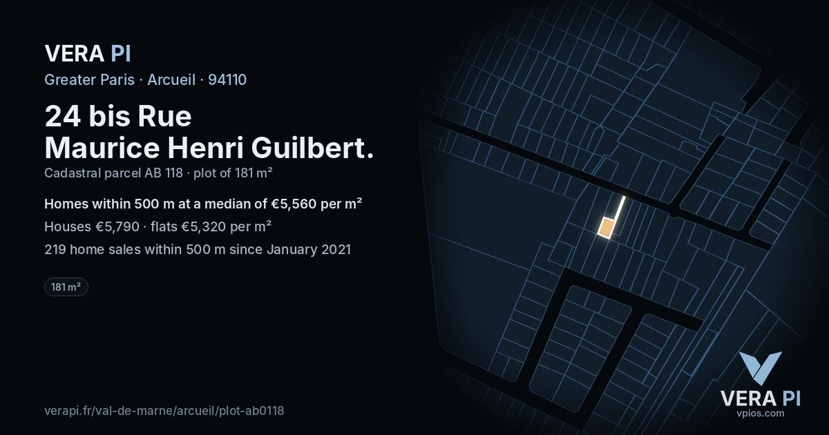 24 bis Rue Maurice Henri Guilbert, Arcueil at night – the plot lit, the parcels around coloured by the prices near them