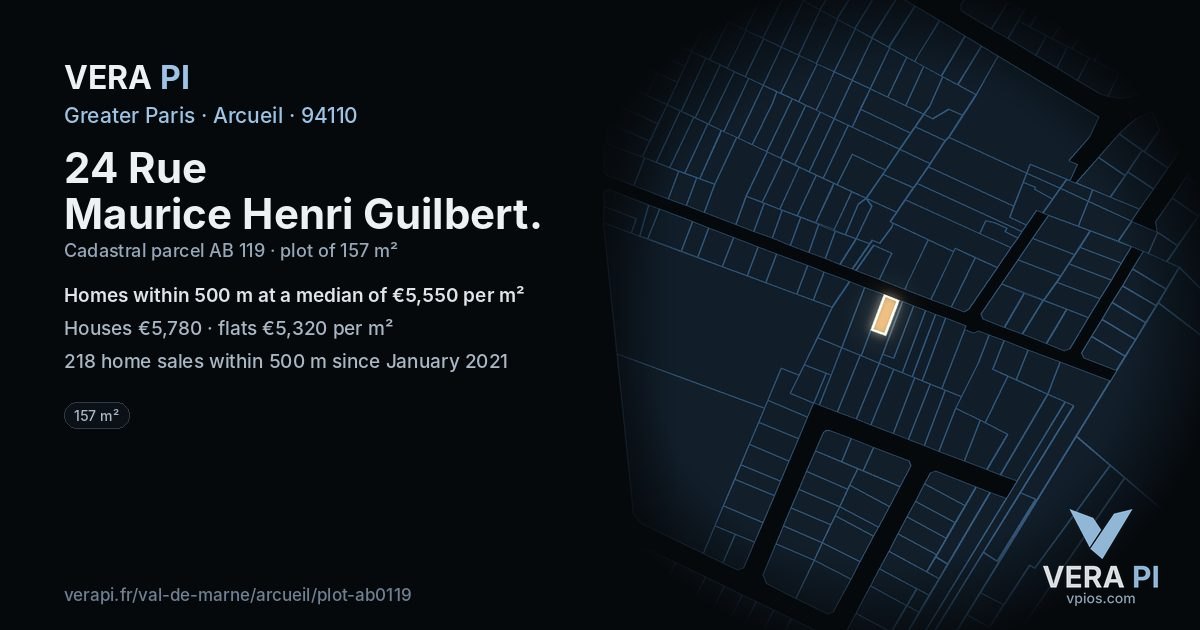 24 Rue Maurice Henri Guilbert, Arcueil at night – the plot lit, the parcels around coloured by the prices near them